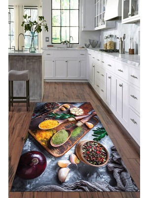 Viyana Home Dijital Baskılı Kaymaz Taban Yıkanabilir Baharat Desenli Modern Mutfak Halısı VHM-HT-1563