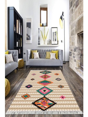 Viyana Home Dijital Baskılı Kaymaz Taban Yıkanabilir Etnik Model Salon Halısı Mutfak Halısı Yolluk VH-HK-143