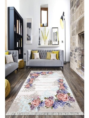 Viyana Home Dijital Baskılı Kaymaz Taban Yıkanabilir Çiçekli Salon Halısı Mutfak Halısı Yolluk VH-HK-164