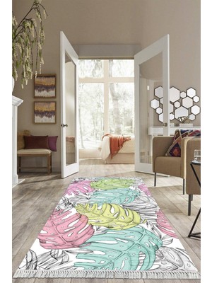 Viyana Home Dijital Baskılı Kaymaz Taban Yıkanabilir Yaprak Desen Salon Halısı Mutfak Halısı Yolluk VH-HS-378