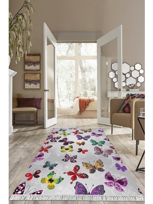 Viyana Home Dijital Baskılı Kaymaz Taban Yıkanabilir Kelebek Desen Salon Halısı Mutfak Halısı Yolluk VH-HS-483