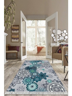 Viyana Home Dijital Baskılı Kaymaz Taban Yıkanabilir Çiçekli Salon Halısı Mutfak Halısı Yolluk VH-HS-488