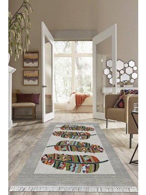 Viyana Home Dijital Baskılı Kaymaz Taban Yıkanabilir Yaprak Desen Salon Halısı Mutfak Halısı Yolluk VH-HS-546
