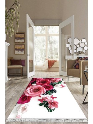 Viyana Home Dijital Baskılı Kaymaz Taban Yıkanabilir Çiçekli Salon Halısı Mutfak Halısı Yolluk VH-HS-547