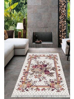 Viyana Home Dijital Baskılı Kaymaz Taban Yıkanabilir Çiçekli Salon Halısı Mutfak Halısı Yolluk VH-HT-451
