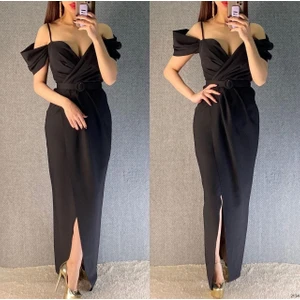 Omuz Detaylı Kemerli Önden Yırtmaç Detaylı Ithal Krep Kumaş Abiye Elbise (Renk Seçenekli)