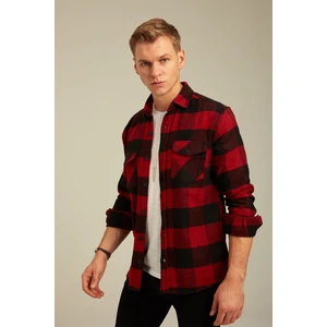 Cool Tarz Kırmızı Erkek Slim Fit Düğmeli Yaka Çift Cepli Oduncu Ekose Gömlek