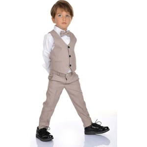 Mnk Baby Bej Renk Yelekli Erkek Çocuk Takım Elbise 4 Parça Gömlek Pantolon Papyon Seti