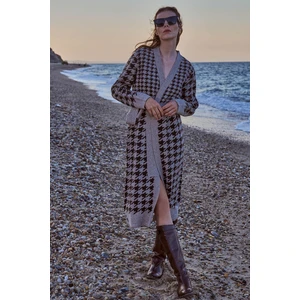 Kazayağı Desenli Uzun Kemerli Triko Hırka - Vizon