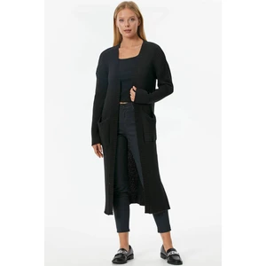 V Yaka Uzun Cepli Yırtmaçlı Triko Hırka - Siyah