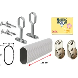 Dolap Içi Askılık Borusu Alüminyum Oval 113 cm + 2 Adet Oval Ayaklı Flanş + 2 Adet Oval Sabit Flanş + Montaj Vidaları Set
