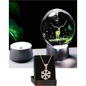 Geyik Temalı Işıklı 3D LED Işıklı Cam Küre ve Kar Tanesi Kolye