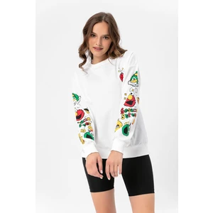 Kadın Baskı Detaylı Bisiklet Yaka Oversize Sweatshirt