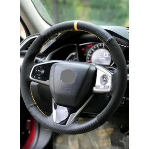 Opel Corsa D-E Dikmeli Deri Direksiyon Kılıfı Alkantra-Karbon Sarı Yüzüklü