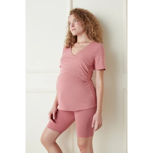 Koyu Pembe Hamile Envelop Tişört Pijama Üstü
