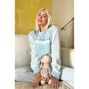 Pijama Evi Yeşil Live Desenli Kadın Peluş Pijama Takımı