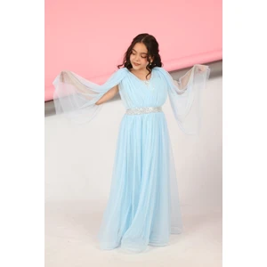 Asortik Kids Kız Çocuk Beli Pul Işleme Sırt Lastikli  Dantel Kol Detay Abiye Elbise-ABY-0028