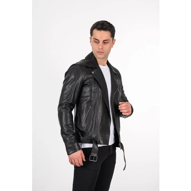 Motorcycle Jacket Tigha Lederjacke Kadar Deri Effect Erkek Siyah