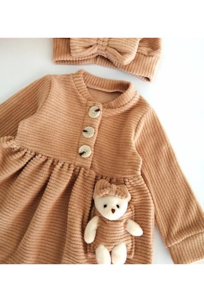 Arya Kids Kız Bebek Ahşap Düğmeli Ayıcıklı Boneli Kışlık Elbise Kahve