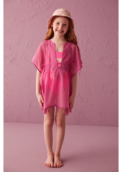 Kız Çocuk Pembe Püskül Detaylı Basic Kaftan