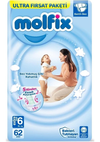 Molfix Bebek Bezi 3D Ekstra Large 6 Beden Aylık Paket 62 Adet