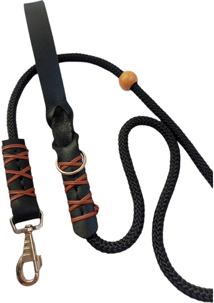 Köpek gezdirme kayışı boyun tasması hakiki deri saplı kalın kancalı siyah halat kalınlık:12mm uzunluk:120cm dog leash B2-4