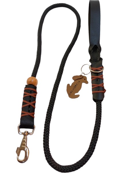 Köpek gezdirme kayışı boyun tasması hakiki deri saplı kalın kancalı siyah halat kalınlık:12mm uzunluk:120cm dog leash B2-4