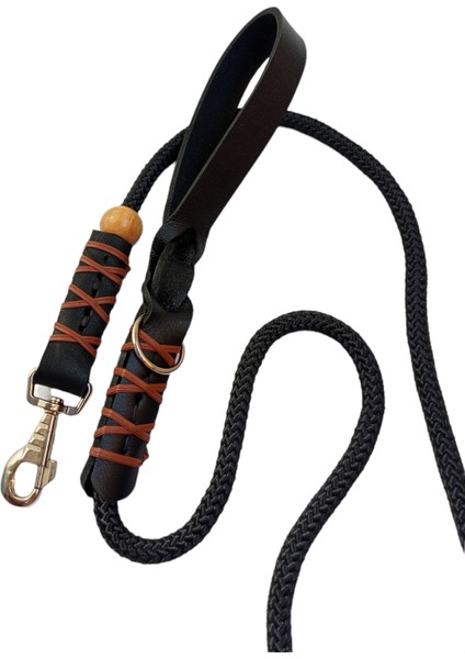 Köpek gezdirme kayışı boyun tasması hakiki deri saplı kalın kancalı siyah halat kalınlık:12mm uzunluk:120cm dog leash B2-4