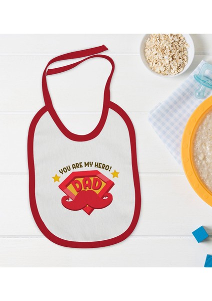 Kids You Are My Hero Dad Tasarımlı Kırmızı Bebek Mama Önlüğü-1