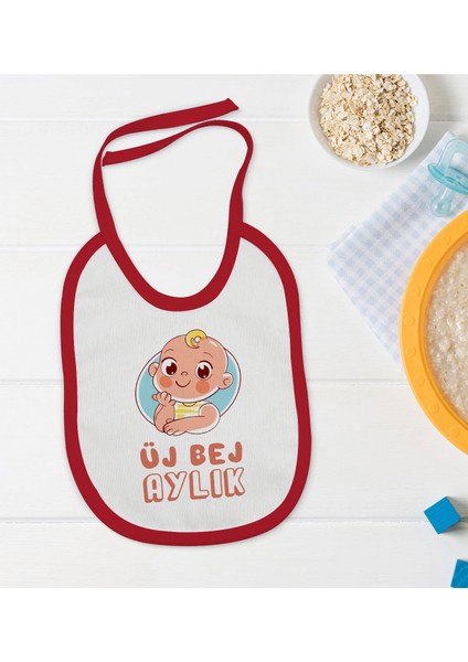 Kids Uj Bej Aylık Tasarımlı Kırmızı Bebek Mama Önlüğü-1