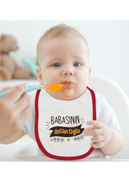Kids Babasının Aslan Oğlu Tasarımlı Kırmızı Bebek Mama Önlüğü-1 fiyatları