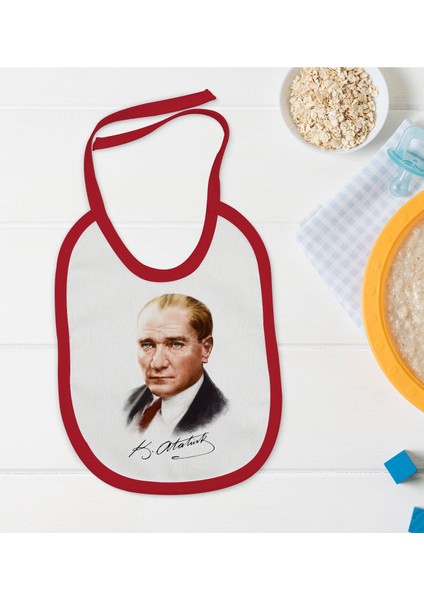 Kids Atatürk Temalı Kırmızı Bebek Mama Önlüğü-12