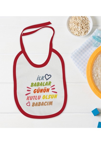 Kids Ilk Babalar Günü Tasarımlı Kırmızı Bebek Mama Önlüğü-1