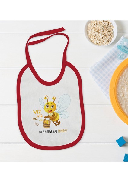 Kids Sevimli Arı Tasarımlı Kırmızı Bebek Mama Önlüğü-1