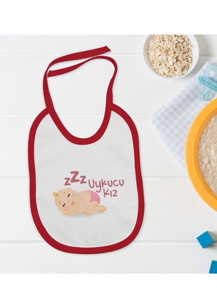 Kids Uykucu Kız Tasarımlı Kırmızı Bebek Mama Önlüğü-1