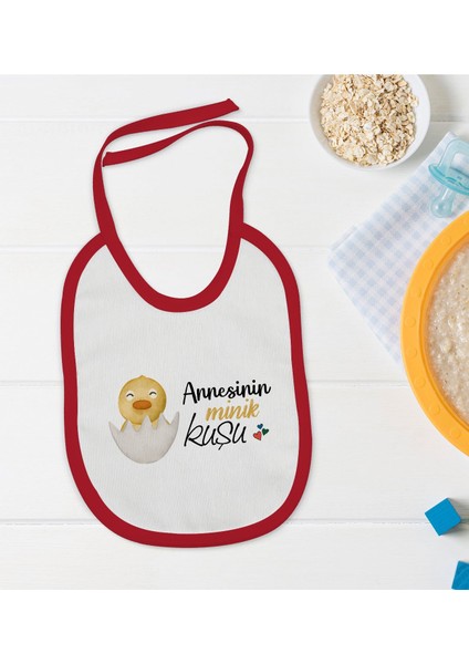 Kids Annesinin Minik Kuşu Tasarımlı Kırmızı Bebek Mama Önlüğü-1