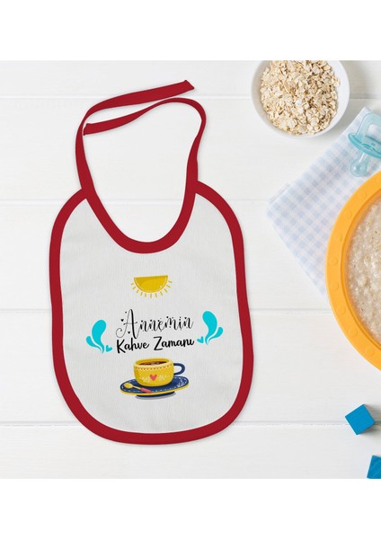 Kids Annemin Kahve Zamanı Tasarımlı Kırmızı Bebek Mama Önlüğü-1