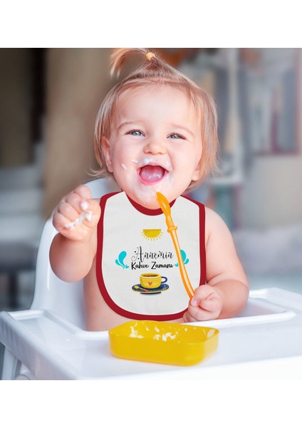 Kids Annemin Kahve Zamanı Tasarımlı Kırmızı Bebek Mama Önlüğü-1