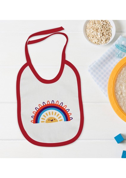 Kids Gokkuşağı Tasarımlı Kırmızı Bebek Mama Önlüğü-1