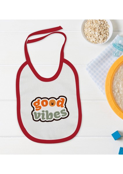 Kids Good Vibes Tasarımlı Kırmızı Bebek Mama Önlüğü-1