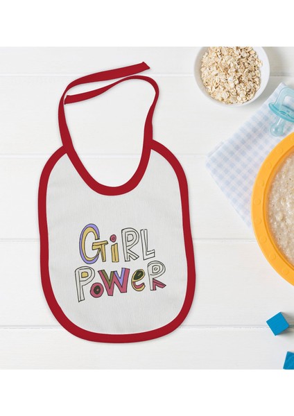 Kids Girl Power Tasarımlı Kırmızı Bebek Mama Önlüğü-1