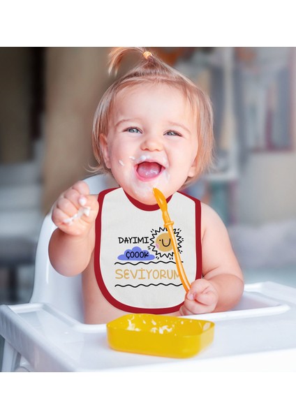 Kids Dayımı Çok Seviyorum Tasarımlı Kırmızı Bebek Mama Önlüğü-1 fiyatları