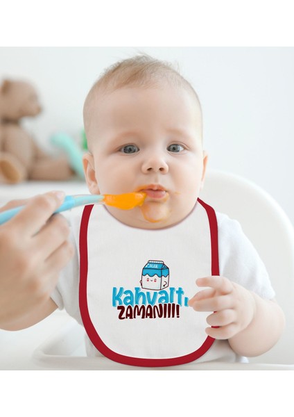 Kids Kahvaltı Zamanı Tasarımlı Kırmızı Bebek Mama Önlüğü-1
