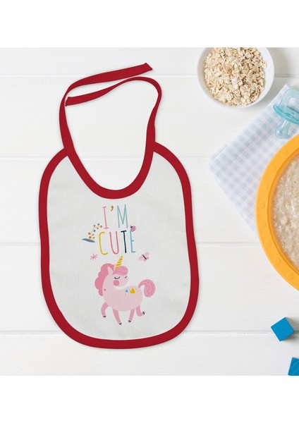 Kids I'm Cute Tasarımlı Kırmızı Bebek Mama Önlüğü-1