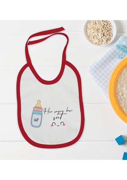Kids Her Şeyin Başı Süt Tasarımlı Kırmızı Bebek Mama Önlüğü-1