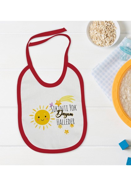 Kids Sıkıntı Yok Dayım Halleder Tasarımlı Kırmızı Bebek Mama Önlüğü-1