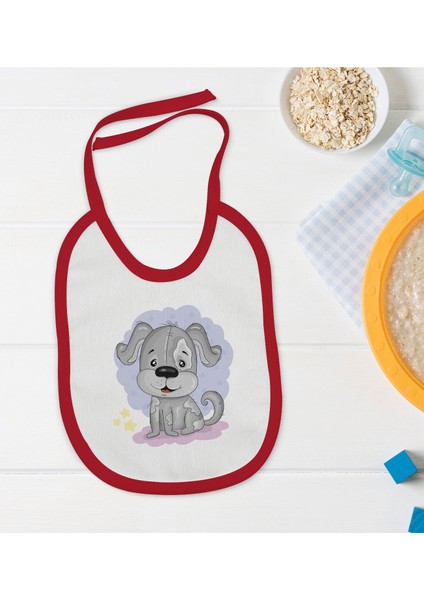 Kids Sevimli Köpek Tasarımlı Kırmızı Bebek Mama Önlüğü-1
