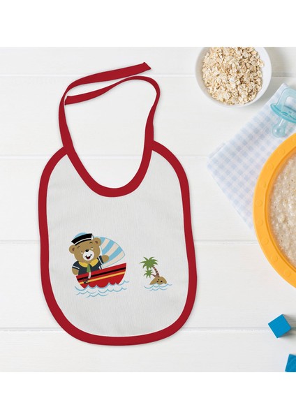 Kids Sevimli Kaptan Tasarımlı Kırmızı Bebek Mama Önlüğü-2