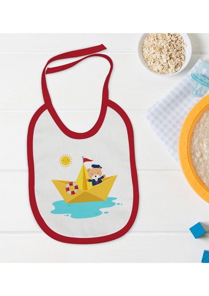 Kids Sevimli Kaptan Tasarımlı Kırmızı Bebek Mama Önlüğü-1