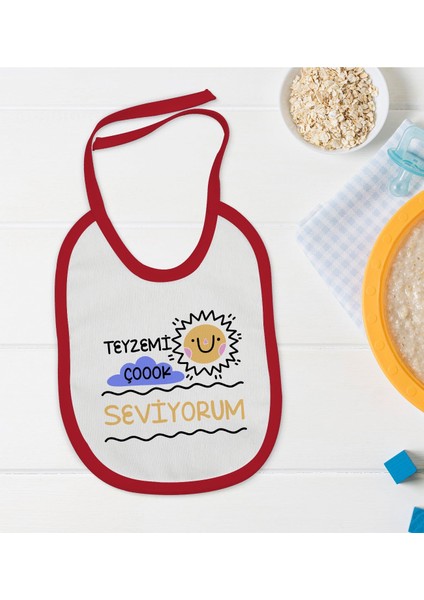 Kids Teyzemi Çok Seviyorum Tasarımlı Kırmızı Bebek Mama Önlüğü-1